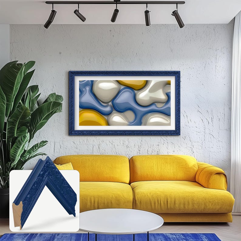 Art Deco interior, modern living room red and yellow interior, art deco navy blue sofa, art deco insporation, modern pop color living room, navy blue tv frame, navy blue ornate tv frame