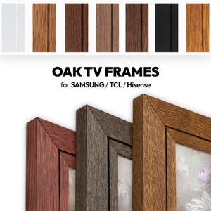 Könnte beinhalten: Eichen-TV-Rahmen in verschiedenen Holztönen, darunter Rot, Grau und Braun. Die Rahmen sind für Samsung-, TCL- und Hisense-Fernseher konzipiert. Das Bild zeigt die Rahmen mit einem Gemälde im Inneren.
