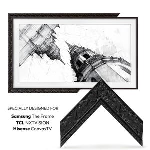 Technical image of a black ornate tv frame complementing a great black and white tv art sketch, the frame is compatible with samsung, tcl and hisense