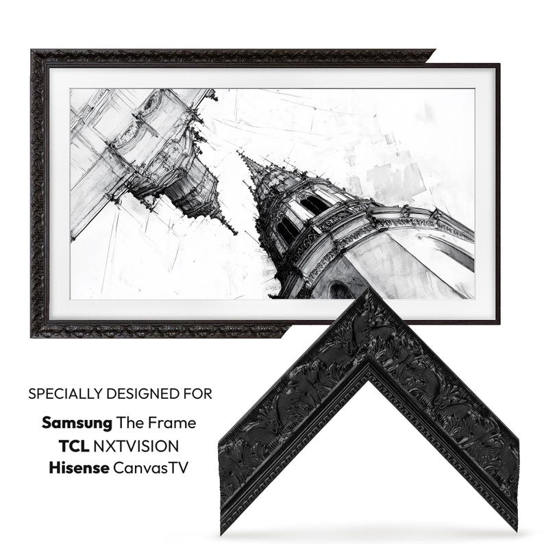 Technical image of a black ornate tv frame complementing a great black and white tv art sketch, the frame is compatible with samsung, tcl and hisense