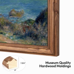 Close-up of a museum-quality hardwood TV frame in Early American stain, featuring a detailed cross-section of the 2-inch wide by 1 3/4-inch deep crown molding. This custom bezel is shown surrounding a Samsung The Frame TV displaying landscape art, highlighting the premium wood grain and professional gallery-style finish.
