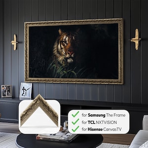Moldura de TV em prata antiga para Samsung The Frame, TCL NXTVision e Hisense, cor da moldura em tom de estanho.