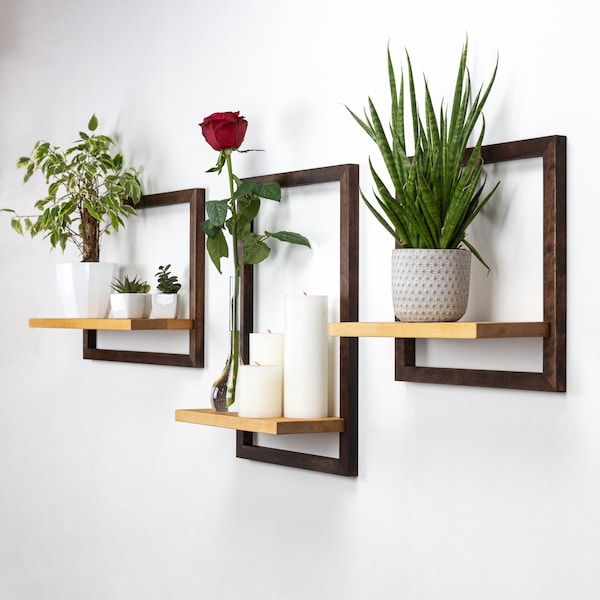 Handmade Dark Brown Wood Framed Hanging Shelf: Modern Display, Natural Birch Hardwood