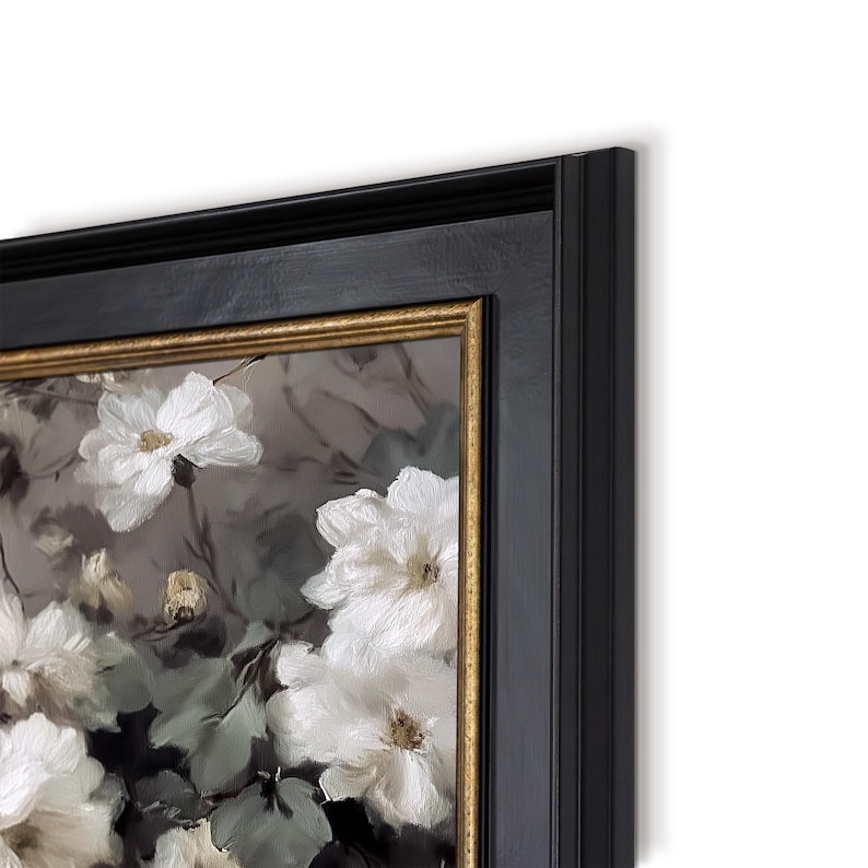 black and gold frame custom frames gold leaf line with black body tv frame for Samsung The Frame bezel, contemporary grayscale flower tv art, frame tv bezel black and gold tv frame