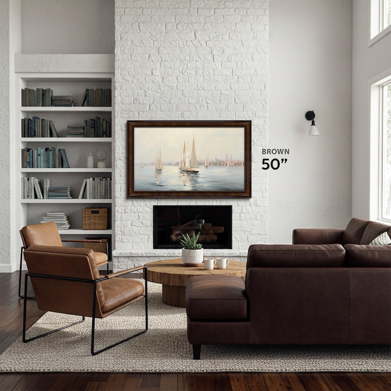 country farmhouse decoration brown wood tv frame 50 inch on a white brick wall, sailor tv art in the tv bezel tcl nxtvision 50, dark brown leather couch