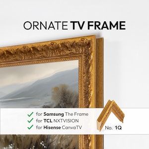 Puede incluir: Un marco de TV dorado y ornamentado con tallas detalladas. El marco está diseñado para Samsung The Frame, TCL NXTVISION y Hisense CanvaTV. El texto "ORNATE TV FRAME" está en la parte superior. Se muestra una esquina de muestra del marco con el número "No. 1Q".