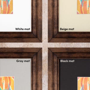 Four custom mat board color options for a solid wood picture frame. Showcases crisp white, warm beige, light gray, and sleek black custom matting inside a dark vintage-style wooden photo frame.