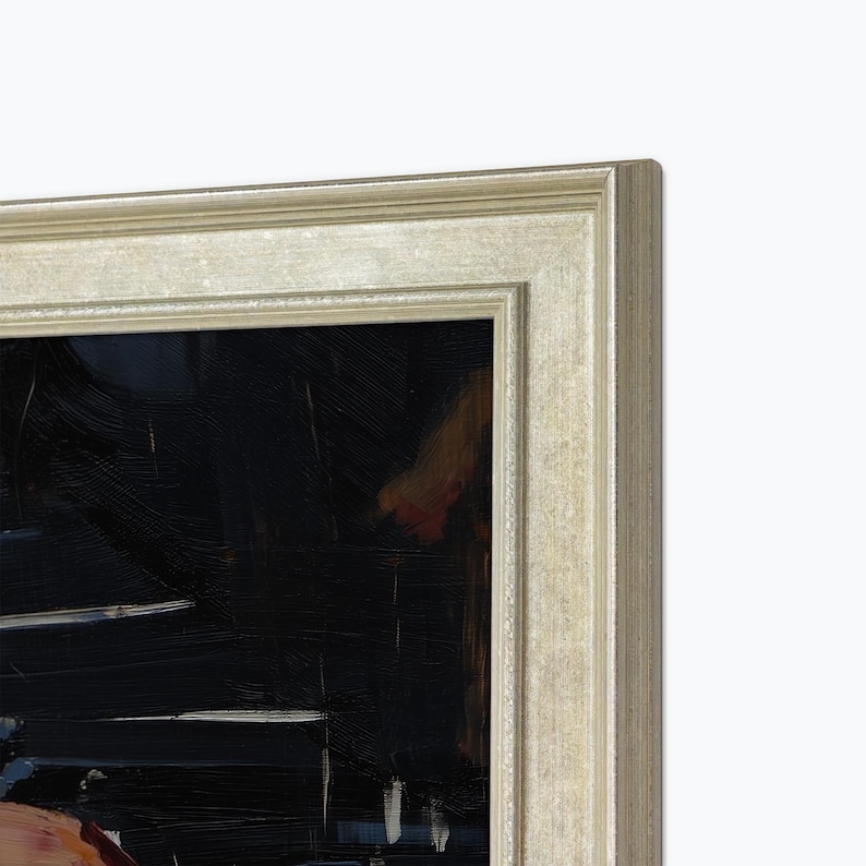 minimalistic frame tv champagne flush against the wall with dark and moody contemporary tv art, white minimalistic background
