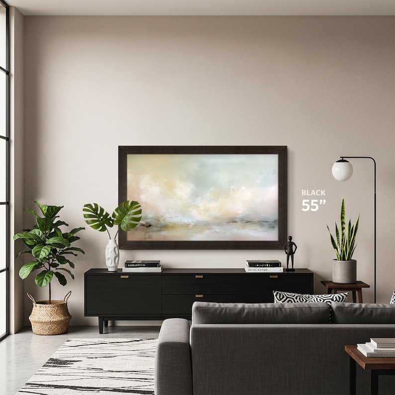 black tv frame for samsung the frame 55 inch tcl nxtvision bezel on a beige wall with black tv console below modern living room interior abstract carpet and gray sofa