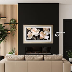 tv rahmen 55 champagne tv bezel 43 inch on a black wall antique silver wooden tv bezel with white mat and black and flower tv art, champagne tv frame 43 inch with light creamy leather couch