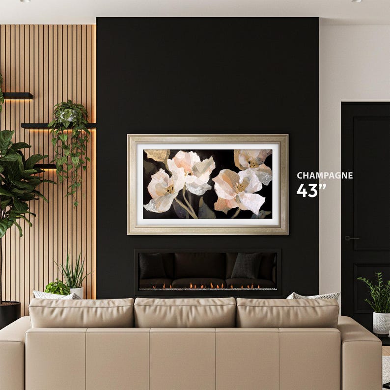 tv rahmen 55 champagne tv bezel 43 inch on a black wall antique silver wooden tv bezel with white mat and black and flower tv art, champagne tv frame 43 inch with light creamy leather couch