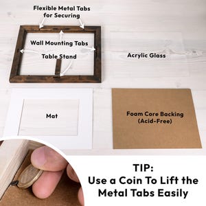 Deconstructed view of a custom wood frame kit. Includes a solid birch wood frame with flexible securing tabs, wall mounting tabs, and a table stand. Also shows shatterproof acrylic glass, a custom mat board, and an acid-free foam core backing.