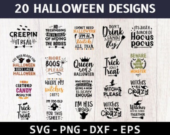 May include: A digital collection of 20 Halloween-themed graphic designs featuring various black and orange typography and illustrations, including phrases like Creepin It Real, Hocus Pocus, and Trick or Treat, presented as SVG, PNG, DXF, and EPS files.