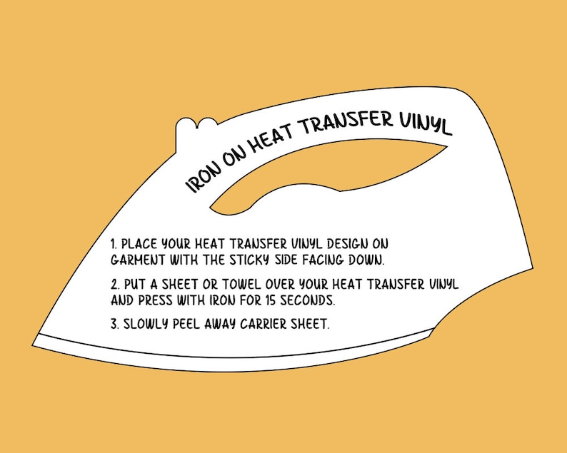 以下が含まれることがあります： アイロンの上に「IRON ON HEAT TRANSFER VINYL」というテキストが書かれた白黒のイラスト。イラストには、衣類にヒート転写ビニールを貼り付けるための手順が示されています。1. ヒート転写ビニールのデザインを、粘着面を下にして衣類に置きます。2. ヒート転写ビニールの上にシートまたはタオルを置き、アイロンで15秒間押さえます。3. キャリアシートをゆっくりと剥がします。