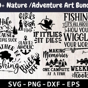 Paquete de caza y aventura de verano (SVG), camping (SVG), actividades al aire libre (SVG), caza divertida (SVG), camiseta de pesca (SVG), archivos SVG para Cricut, silueta