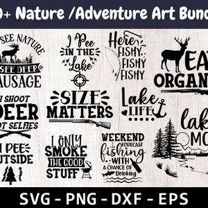 Paquete de mochilero y aventura SVG, camping SVG, PNG, al aire libre SVG, caza divertida SVG, camiseta de pesca SVG, archivos SVG para Cricut, silueta