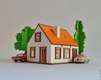 Scandi Christmas Village House “Hygge” Tiny wooden Nordic cabin | Miniature luminary house + doll house car garage | home gift for him/her