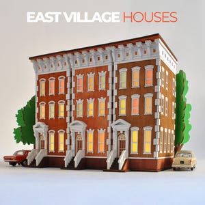 New York City Brownstone gebouwen boekenplank decoraccessoires | NYC East Village schaduwbox/LED-lamp | Brooklyn Townhouse verlicht 3D-model