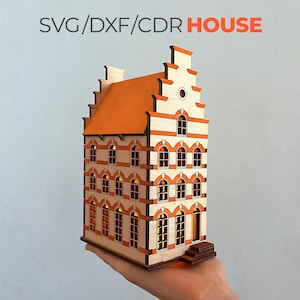 Archivos cortados con láser de la casa del canal holandés en miniatura en 3D | Proyecto SVG de la Casa Putz de Ámsterdam | Plantilla Glowforge para descargar | Patrón DXF para CNC