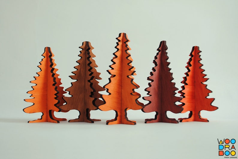 Ensemble de 10 arbres de Noël décoratifs en bois fabriqués à la main, motif vectoriel prêt pour CNC Modèle pour support d'ornement d'arbres de puzzle 3D découpé au laser image 9