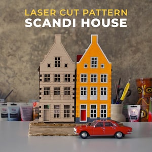 Skandinavisches Dorf, kleines stehendes Teelicht-Stadthausmodell | Lasergeschnittene Vorlage | Modernes Modellhaus-Glowforge-Muster | 3D-Holzhaus