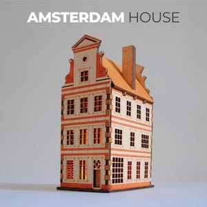 Amsterdam Miniature Row House Tea Light Holder | Wooden DIY Building Kit / Handmade Dutch Townhouse Shelf Ornament | Glowing Holiday Gift