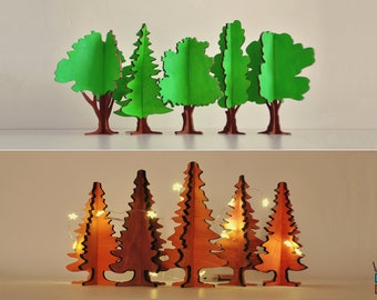 Set of 10 Handcrafted Decorative Wooden Christmas Trees CNC-ready vector pattern | Template for laser cut 3d puzzle trees ornament stand