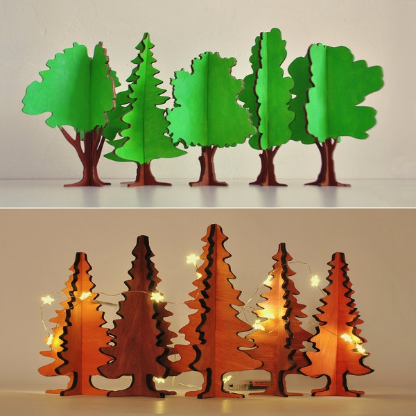 Set of 10 Handcrafted Decorative Wooden Christmas Trees CNC-ready vector pattern | Template for laser cut 3d puzzle trees ornament stand