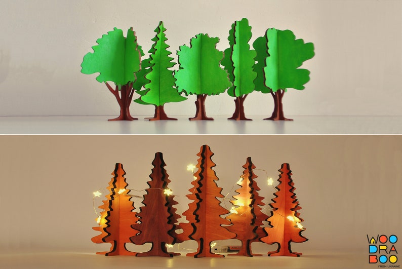 Ensemble de 10 arbres de Noël décoratifs en bois fabriqués à la main, motif vectoriel prêt pour CNC Modèle pour support d'ornement d'arbres de puzzle 3D découpé au laser image 1