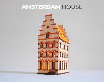 Amsterdam Canal Houses Dutch Tea Light Village | Laser Cut Wooden Cabins | Christmas Ornaments / Mantel Decoration | Bookshelf Decor Objects