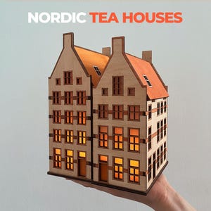 Scandinavian Wooden Houses Decorative LED Candle Holders | Modern Christmas Village Standing Houses for Tea Lights | Mantelpiece Accent Gift