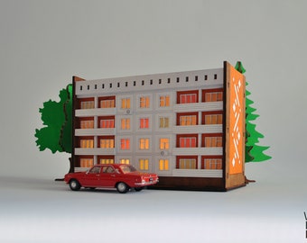 Brezhnevka 3.4 Miniature apartment building sculpture lamp | Wooden house with LED tea lights | Laser-cut tiny decorative shelf ornament