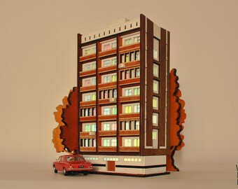 Brezhnevka 2.8 Lighted Up High-rise Apartment Building | Personalize Accessory | Small Scale Wooden Miniature House | Tiny Shelf Accent