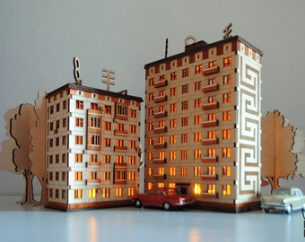 Brezhnevka Apartment Buildings Laser Cut Files Set | DIY Night Lamps | Architectural Models | CNC Vector Templates | Craft Files SVG/Cdr/Ai