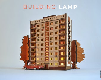 Miniature Apartment Building Tower Brezhnevka 3.9 Wooden Panel House Decorative Lamp / LED Tea Lights Candle Holder | Bookshelf Centerpiece