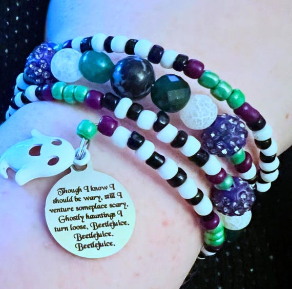 Beetlejuice Inspired Beaded Wrap Bracelet with Ghost Charm