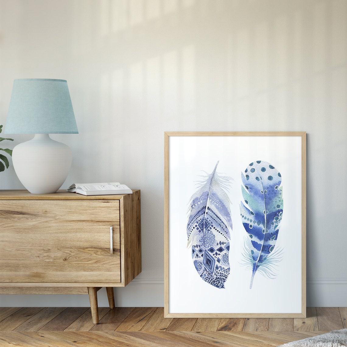 Feather Wall Art Blue Feather Abstract Print Watercolor Etsy