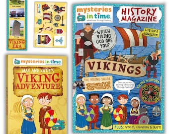 Puede incluir: Una colección de materiales educativos que incluye una revista de historia titulada Vikings, un libro titulado Max and Katie's Viking Adventure, un marcapáginas con la etiqueta Viking Era y una hoja de pegatinas, ilustrados con personajes de dibujos.