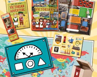 Puede incluir: Una colección de libros y materiales educativos sobre la época victoriana, que incluye un libro titulado "La aventura victoriana de Max y Katie", una revista titulada "Historia Magazine", una hoja de pegatinas con imágenes de temática victoriana y un mapa del mundo.