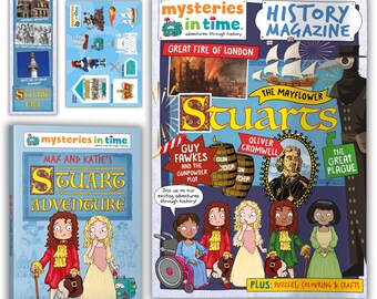 Puede incluir: Una colección de materiales educativos titulada Mysteries in Time, que incluye una revista de historia sobre los Estuardo, un libro de aventuras de Max y Katie, una hoja de pegatinas y un marcapáginas, ilustrados con figuras y eventos históricos.