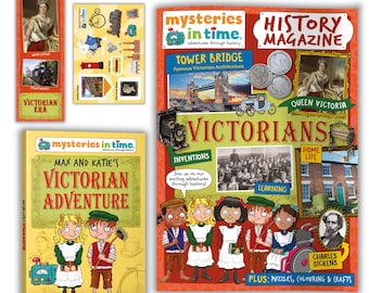 Puede incluir: Una colección de materiales educativos que incluye una revista de historia titulada Victorians, un libro titulado Max and Katie's Victorian Adventure, una hoja de pegatinas y un marcapáginas, todos con imágenes, textos e ilustraciones históricas.