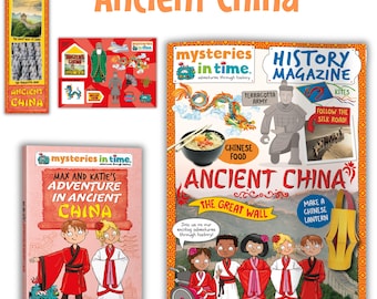 Puede incluir: Una colección de materiales educativos con el tema de la Antigua China. Incluye una revista, un libro titulado "Max and Katie's Adventure in Ancient China" y un marcapáginas. La revista presenta ilustraciones de comida china, la Gran Muralla y el Ejército de Terracota.