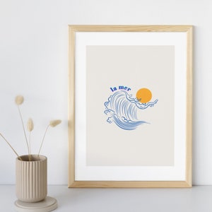 La Mer Print, impresión contemporánea francesa, impresión de arte Abstract Vintage Ocean, azul, playa, impresión de arte junto al mar Decoración de la casa de playa, arte de cita francesa