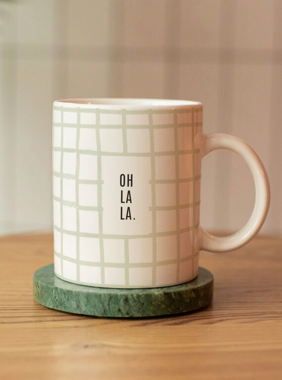 Oh La La Quote mug, Checkered mug, Tea Cups, Green Cute Mug, Trending Mugs, Cool Ceramic Mugs, Minimalist Modern Mugs (11oz)