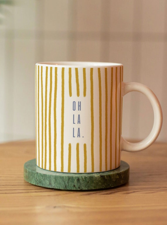 OH LA LA  Quote mug, Striped mugs, Tea Cups, Green Cute Mug, Trending Mugs, Cool Ceramic Mugs, Minimalist Modern Mugs,  (11oz)