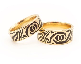 Twin Soul Wedding Band - Wedding Ring - Vesica Piscis - Shungite - Mokume gane - Sacred Geometry rings