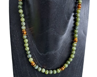 Olive Jade & Tiger Eye Beaded Necklace: Abundance and Prosperity Crystal Healing Jewellery - Mens Womens