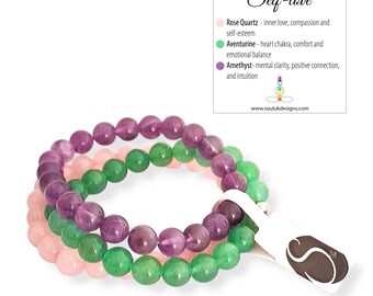 Self-Love Crystal Bracelet Stack: Amethyst, Rose Quartz, Green Aventurine Gift Set Beaded Jewellery