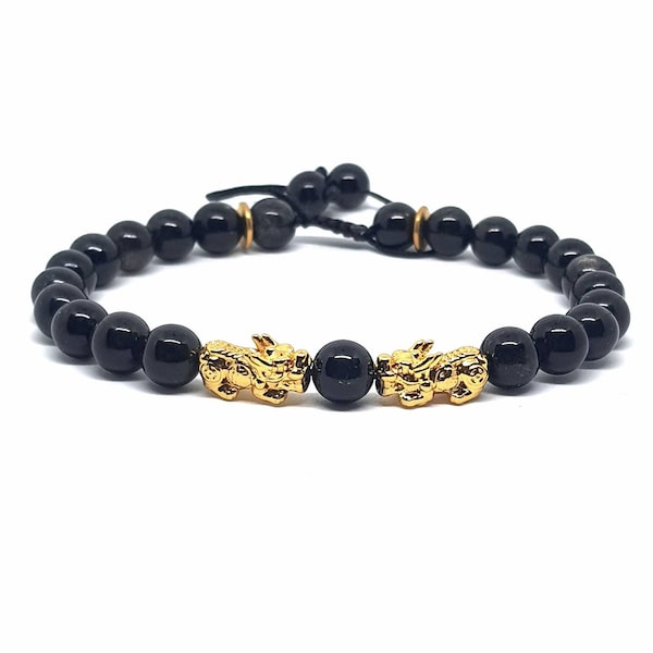 Black Obsidian & Gold Plated Pixiu Dragon Chinese New Year Feng Shui Energy Healing Power PROTECTION and Wealth Bracelet 8mm beaded