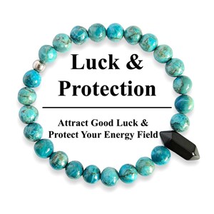 Blue African Turquoise & Obsidian Bracelet: Healing Jewellery, Beaded, Double Terminated Stone - Mens Womens